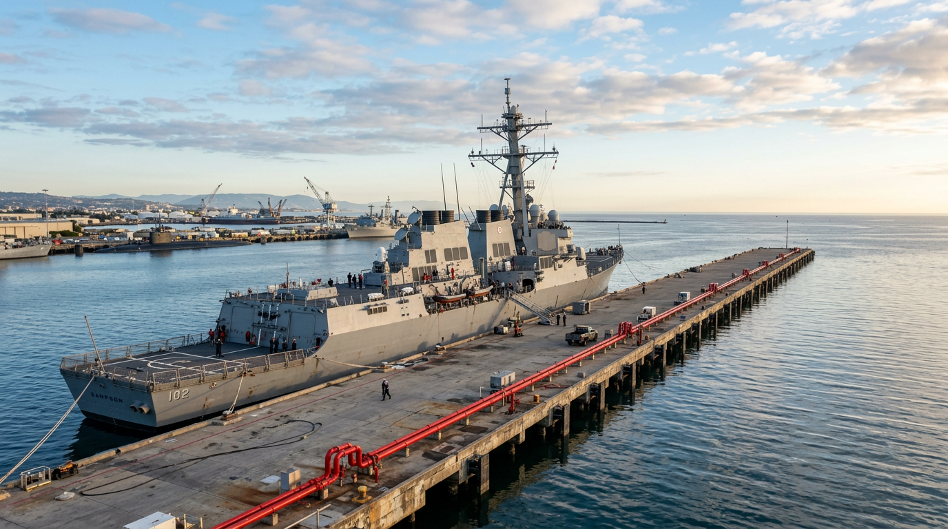Naval destroyer docked at pier with fire protection piping